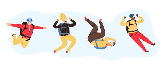 Gente volando. Caída hombre mujer. Personajes femeninos masculinos del vector de la caída libre feliz