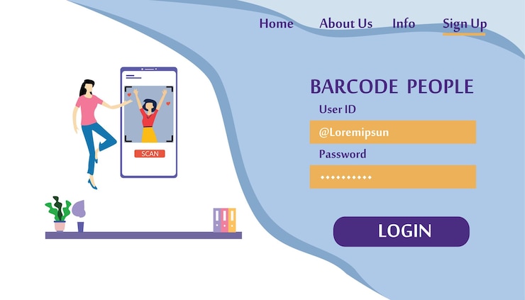 Vector gente volando e interactuando con barcode people. gestión comercial y de flujo de trabajo. plantilla de página de destino ilustración vectorial