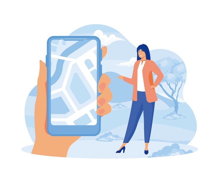 Vector geofencing como límite de área de mapa para acción de marketing concepto de persona pequeña uso de navegación por satélite gps para sistema de comercio electrónico de teléfonos inteligentes con orientación precisa vector plano ilustración moderna