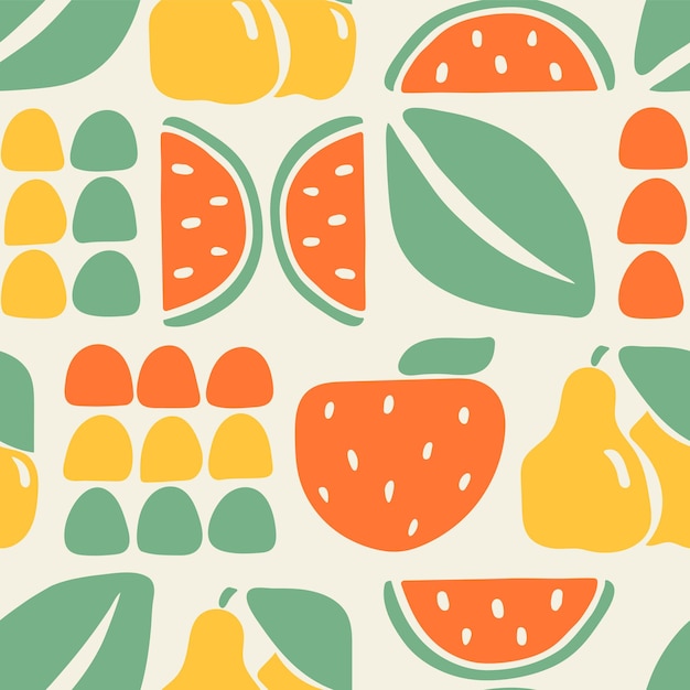 Geometría abstracta colorida naturaleza patrón sin costuras retro frutas dibujadas a mano fondo