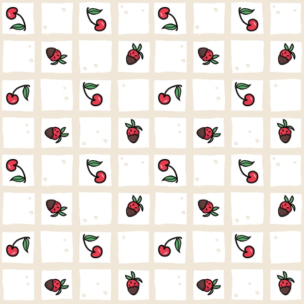 Geometría de cerezas y fresas frutas patrón sin costuras bayas de verano frutas con hojas fondo vectorial dibujo a mano dibujado dibujado para la portada tela papel tapiz textura telón de fondo invitación de boda