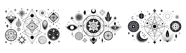 La geometría dibujada a mano y la ilustración del tatuaje celestial son tatuajes geométricos intrincados sagrados.