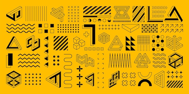 Geometría formas pancarta estilo minimalista geométrico elementos decorativos aislados en fondo amarillo formas de diseño abstracto líneas gráficas modernas flechas plantilla de pancarta vectorial