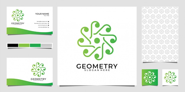 Geometría naturaleza verde diseño de logotipo, tarjeta de visita y patrón