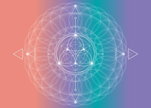 Geometría Sagrada, Flor de la Vida, mandala de flor de loto. Logotipo vintage de neón Símbolo de armonía