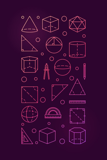 Vector geometría y trigonometría concepto vertical bandera de colores matemáticas ilustración vectorial con formas geométricas con fondo oscuro