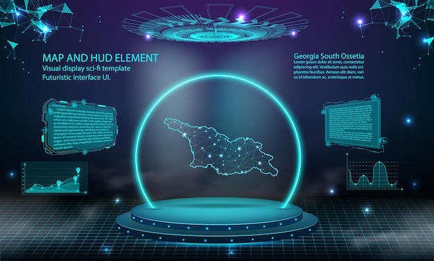 Georgia Osetia del Sur mapa luz conexión efecto fondo abstracto tecnología digital UI GUI futurista HUD Interfaz virtual con georgia mapa Escenario podio futurista en niebla