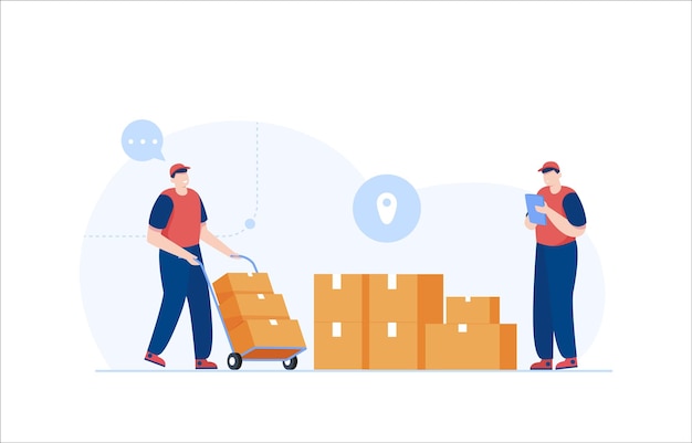 Gerente de almacén que mantiene registros de envío Los trabajadores del almacén transportan paquetes con carros Precisión de inventario Ilustración vectorial