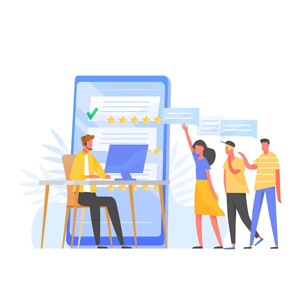 Gerente de atención al cliente, consultor en línea, especialista del centro de llamadas con audífonos sentado frente a la computadora, calificación de cinco estrellas y grupo de clientes en la cola. plano colorido