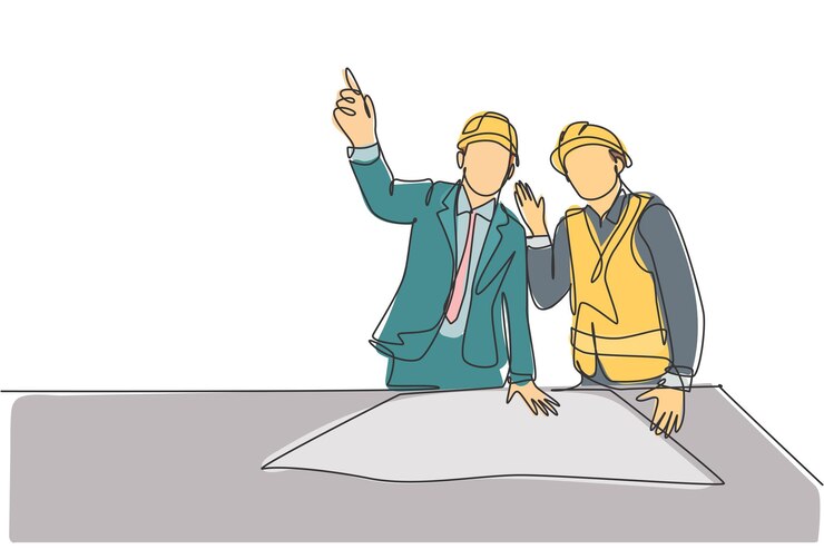 Vector gerente de construcción de dibujo de línea continua única que da instrucciones al vector coordinador del constructor