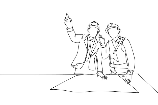 Gerente de construcción de dibujo de línea continua única que da instrucciones al vector coordinador del constructor