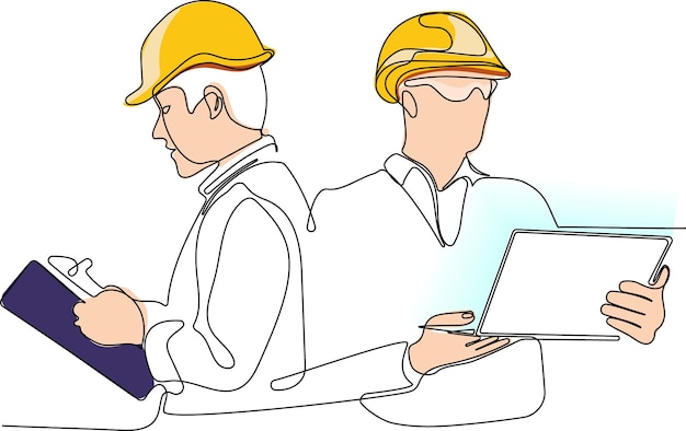 Gerente de construcción e ingeniero trabajando en el sitio de construcción. ilustración vectorial