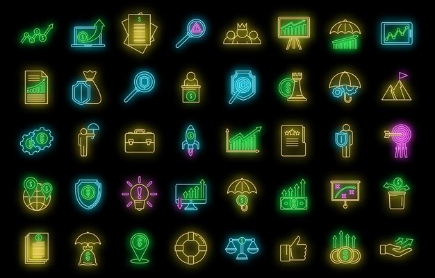El gerente de crisis ha establecido iconos de dinero con neón vectorial.