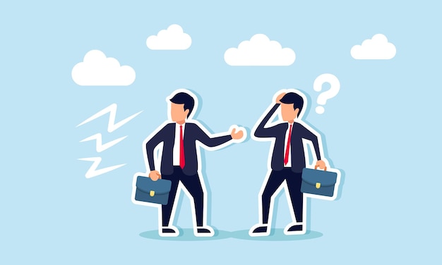 Gerente culpando a otros por los errores haciendo excusas y siendo egoísta concepto de jefe frustrado excusa su error y señala la culpa a otros