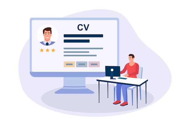 Gerente de dibujos animados sonriente mira el perfil de los empleados Gerente de recursos humanos buscando nuevos empleados Gerente de contratación ocupación Gestión de recursos humanos Personal del departamento de recursos humanos Vector