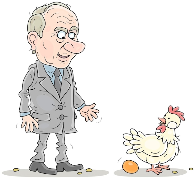 Gerente enojado de una granja avícola regañando a una gallina por el muy alto costo de los huevos frescos para los compradores