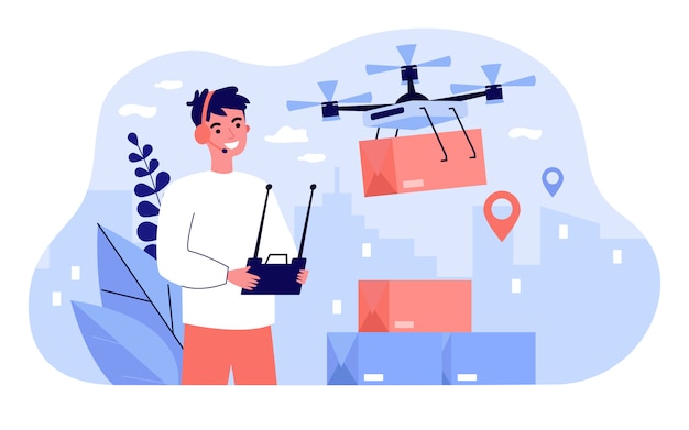 Gerente de entrega alegre controlando la caja de transporte de drones