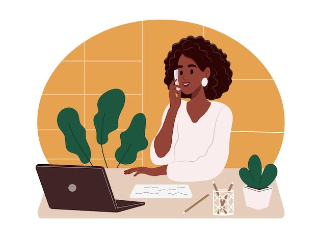 El gerente está hablando con un cliente durante una llamada telefónica Una mujer negra está hablando por teléfono en el trabajo en la oficina Ilustración plana vectorial