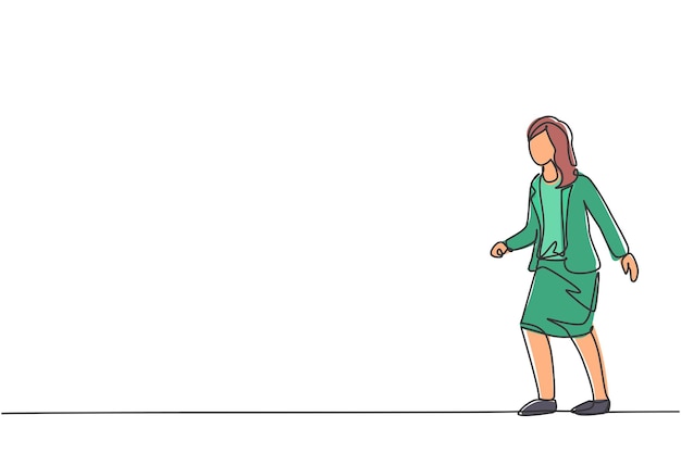 Gerente femenina de dibujo de una sola línea continua caminando con enfoque de confianza para alcanzar el vector objetivo