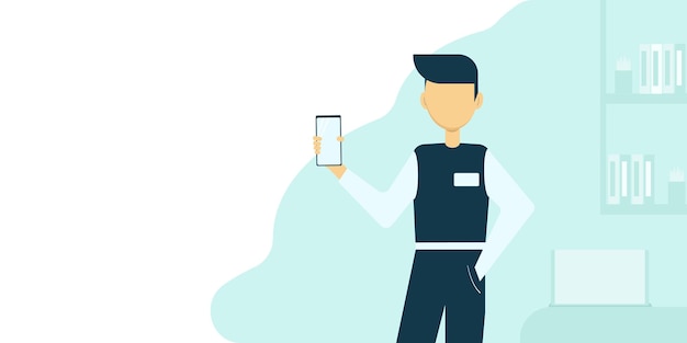 Gerente de joven presenta un teléfono móvil. Ilustración vectorial