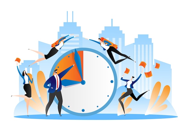 Gerente mantenga fecha límite reloj concepto vector ilustración Gente de negocios empleado carácter trabajo para la gestión del tiempo Trabajador de oficina de dibujos animados