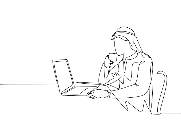 Un gerente de marketing musulmán de dibujo de línea continua leyendo el informe de ventas del vector de miembro del equipo