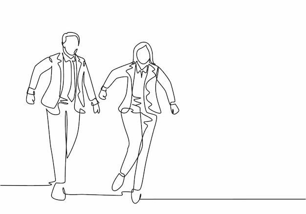 Un gerente masculino y femenino de dibujo de línea continua se unen a la competencia de carrera para correr hasta la línea de meta