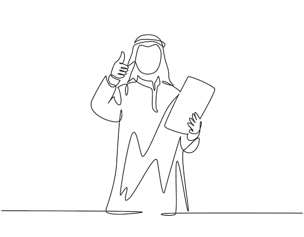 El gerente de negocios musulmán de dibujo de una sola línea continua da el visto bueno y mantiene la política de reglas de la empresa