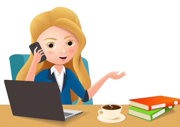 Gerente de negocios en el personaje de vector de escritorio de oficina Personaje de mujer de negocios con teléfono móvil