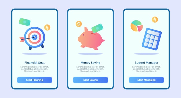 Vector gerente de presupuesto de ahorro de dinero de objetivo financiero para la interfaz de usuario de la página de banner de plantilla de aplicaciones móviles con tres variaciones de estilo de color plano