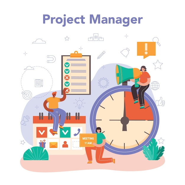 Gerente de proyecto. Planificación, desarrollo y programación de proyectos comerciales exitosos. Estrategia de gestión y marketing. Ilustración vectorial en estilo de dibujos animados