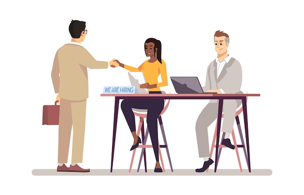 Gerente de recursos humanos entrevistando a solicitante de empleo ilustración vectorial plana. jefe con asistente personal contratando personaje de dibujos animados de empleados. empleador y entrevistador. empleo, concepto de servicio de headhunting