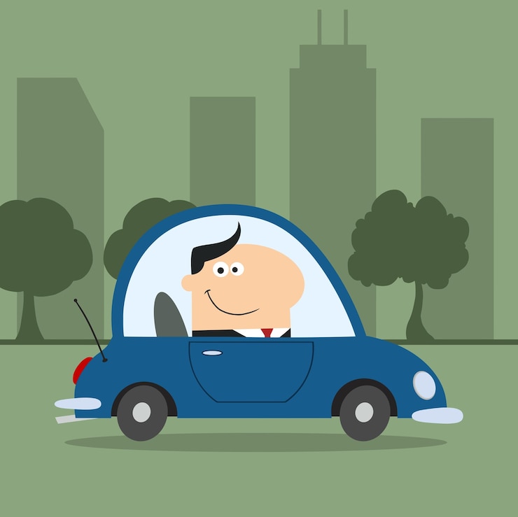 Vector gerente sonriente que conduce el coche al trabajo en citymodern flat design vector illustration