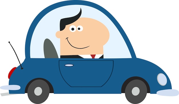 Gerente sonriente que conduce el coche al trabajo en la ilustración vectorial de diseño plano moderno
