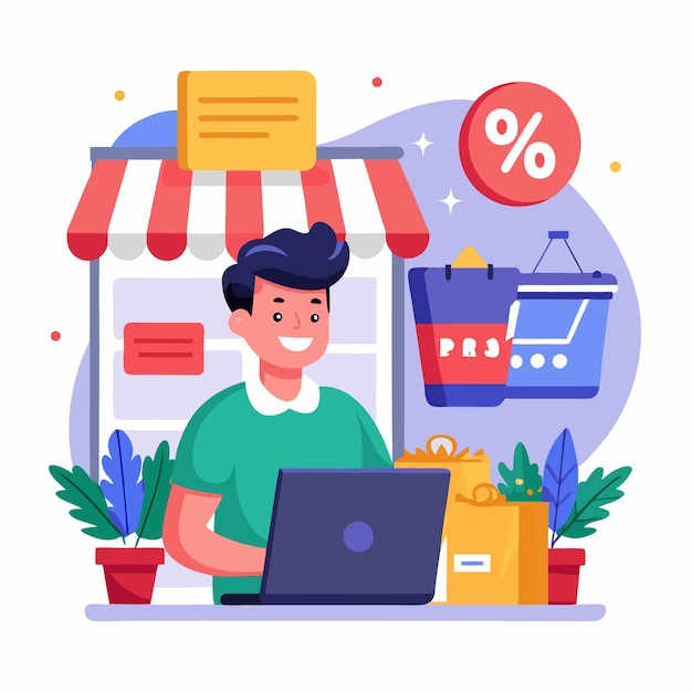 El gerente usa la computadora portátil para administrar la tienda en línea con descuentos
