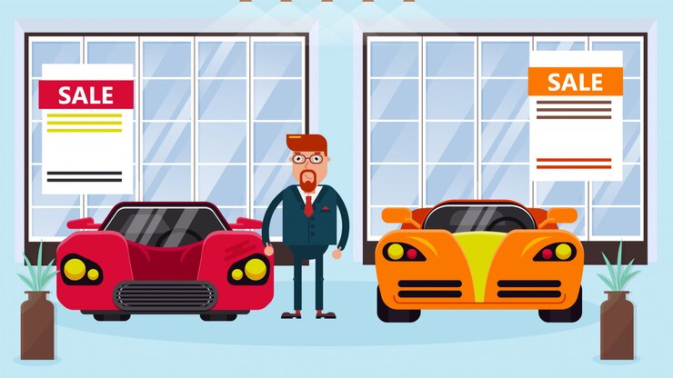 Vector el gerente de vendedores de autos se encuentra entre autos en venta