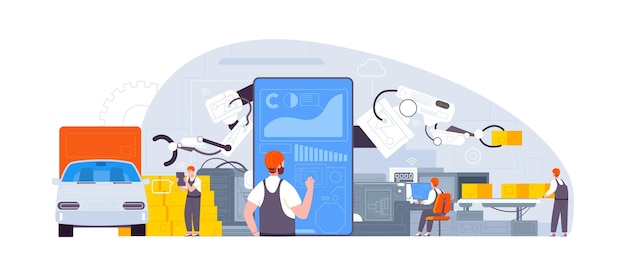 Gerentes de control inalámbrico de fábrica que utilizan tecnología inteligente de fabricación de control físico en la industria de información de datos de tabletas digitales 4 0 concepto espléndida ilustración vectorial