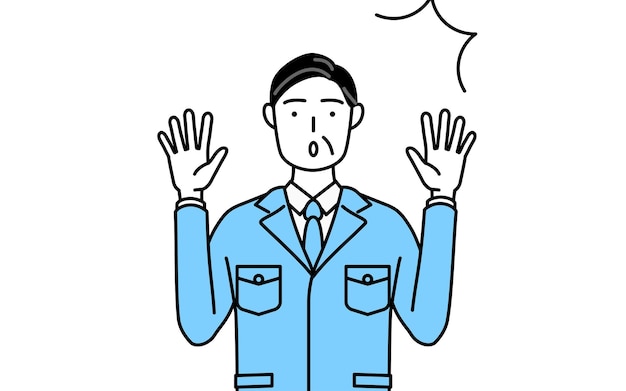 Gerentes de gestión gerente de planta un hombre en ropa de trabajo levantando la mano con sorpresa