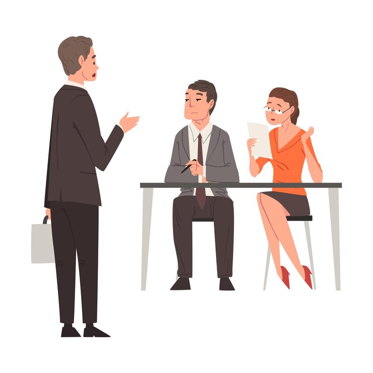 Vector gerentes de recursos humanos hablando con hombres de negocios candidatos que tienen una entrevista de trabajo en una compañía de caza de cabezas