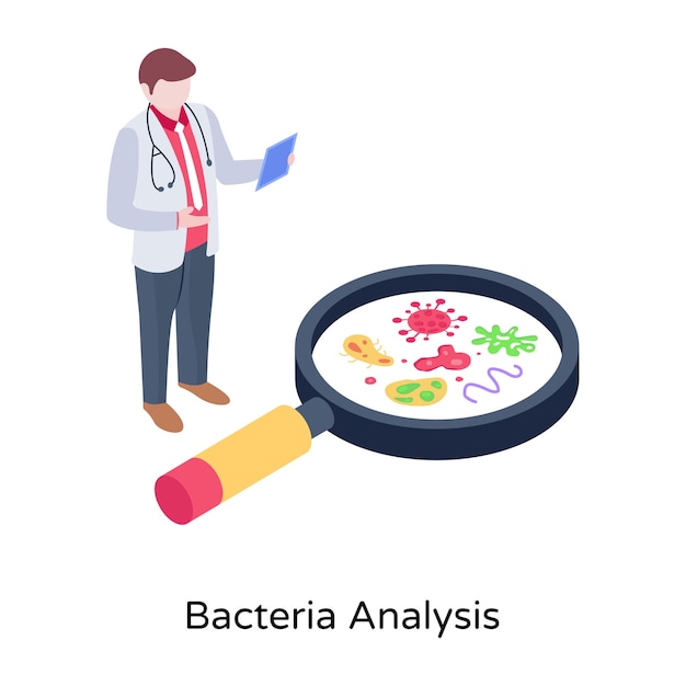 Gérmenes en la ilustración isométrica de la lupa del análisis de bacterias