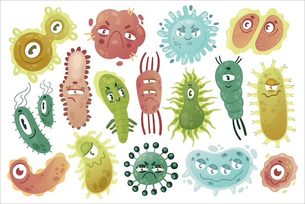 Gérmenes lindo divertido colorido conjunto cómico gérmenes enfermedad microorganismo criatura colección