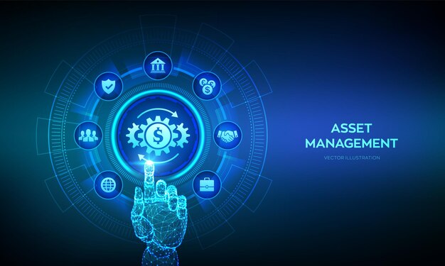 Gestión de activos Banca de inversión de negocios concepto de tecnología de pago en pantalla virtual Interfaz digital de toque de mano de marco de alambre Ilustración vectorial