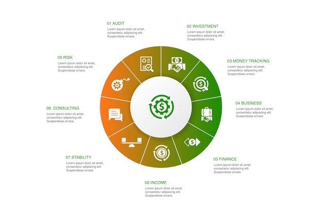 Gestión de activos Infografía Diseño de círculo de 10 pasos. Auditoría, inversión, negocios, estabilidad iconos simples