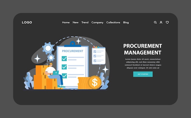 Gestión de las adquisiciones en modo nocturno o oscuro web o página de aterrizaje vista detallada del abastecimiento estratégico