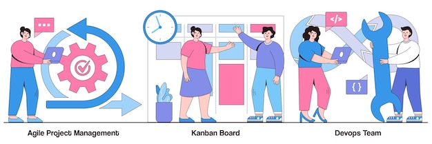 Gestión ágil de proyectos, tablero kanban, concepto de equipo devOps con personas diminutas. Conjunto de ilustraciones vectoriales de la empresa de desarrollo de software. Reunión Scrum, ciclo de vida del proyecto, parte interesada, metáfora de prueba.