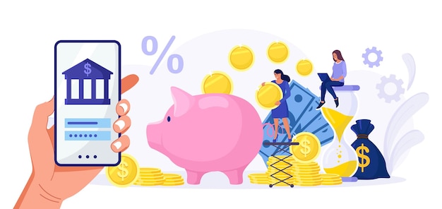Gestión de banca y finanzas móviles. Pagos, transferencias y depósitos por Internet. Asimiento de la mano humana smartphone para banca y contabilidad en línea. Hucha. Administre las finanzas y ahorre para inversiones futuras