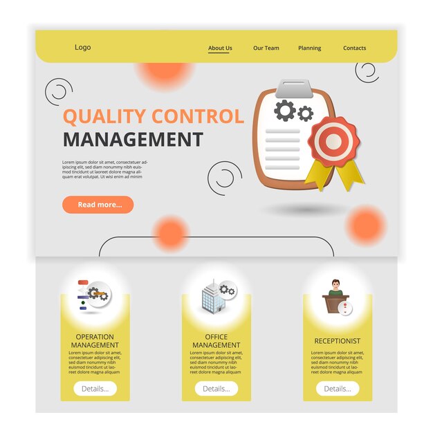 Gestión de control de calidad página de destino plana plantilla de sitio web gestión de operaciones gestión de oficina