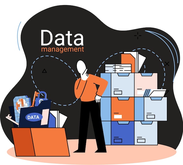 Vector gestión de datos privacidad centro de medios protección empresarial almacenamiento racional de información privacidad digital organización eficiente, rentable y segura del almacenamiento de colecciones y el uso de datos