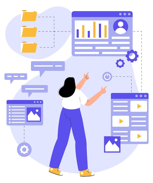 Vector gestión y desarrollo de cms, sitio web y concepto de administración. mujer trabajando con base de datos.