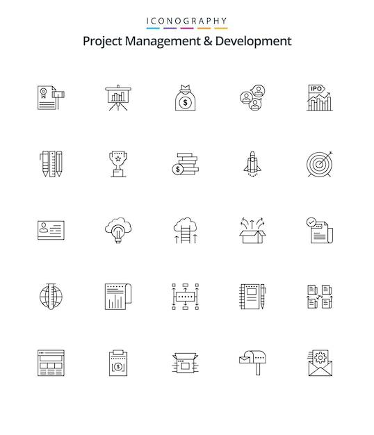 Gestión y desarrollo de proyectos creativos 25 paquete de iconos de esquema, como informe de enfoque moderno, negocio empresarial
